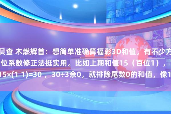 贝贝查 木燃辉首：想简单准确算福彩3D和值，有不少方法。核心计算法里，百位系数修正法挺实用。比如上期和值15（百位1），15×(1 1)=30 ，30÷3余0，就排除尾数0的和值，像10、20。跨度